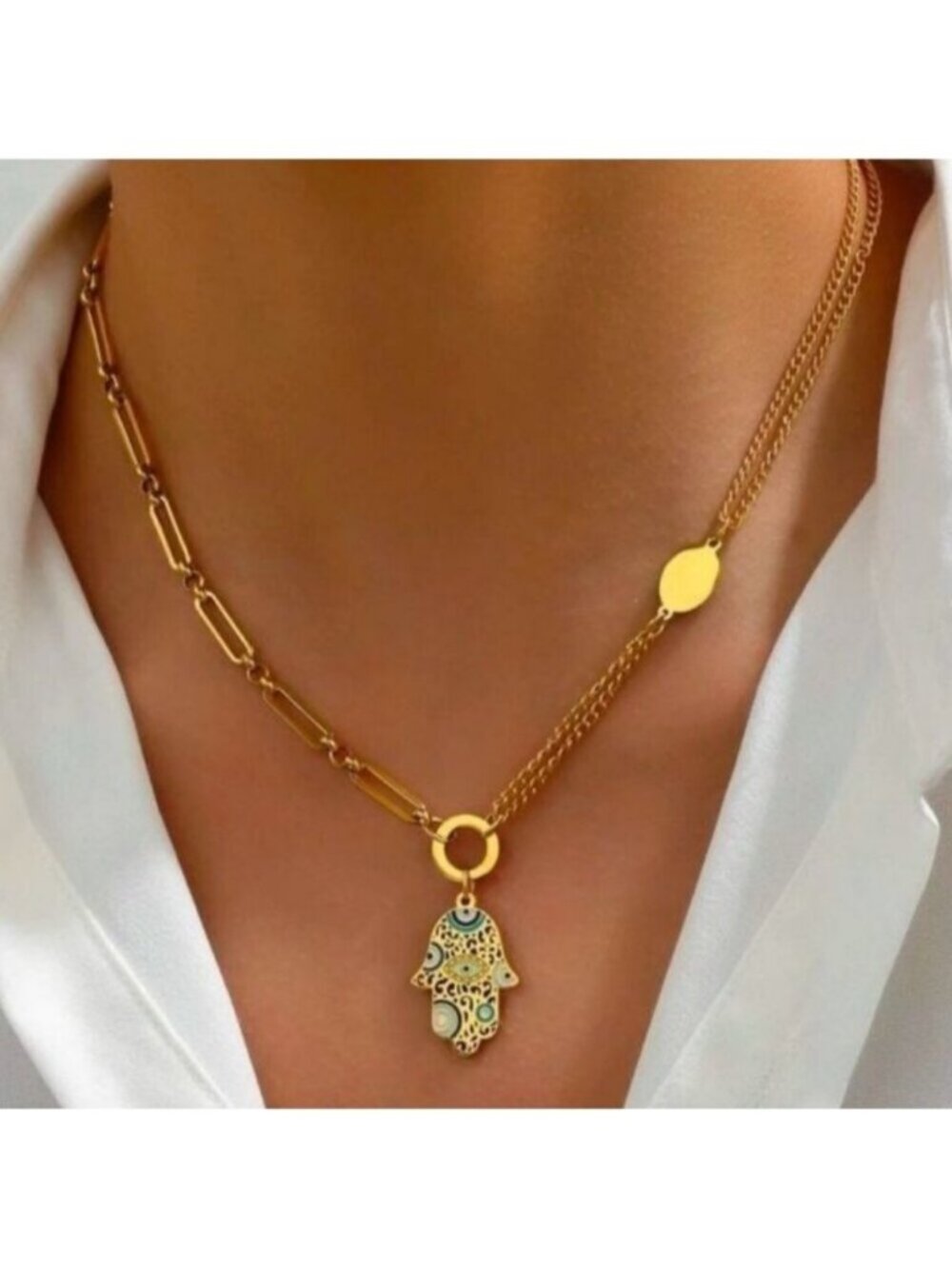 Gold Plated Stainless Steel Hamsa Hand Evil eye Pendant Chain Necklace